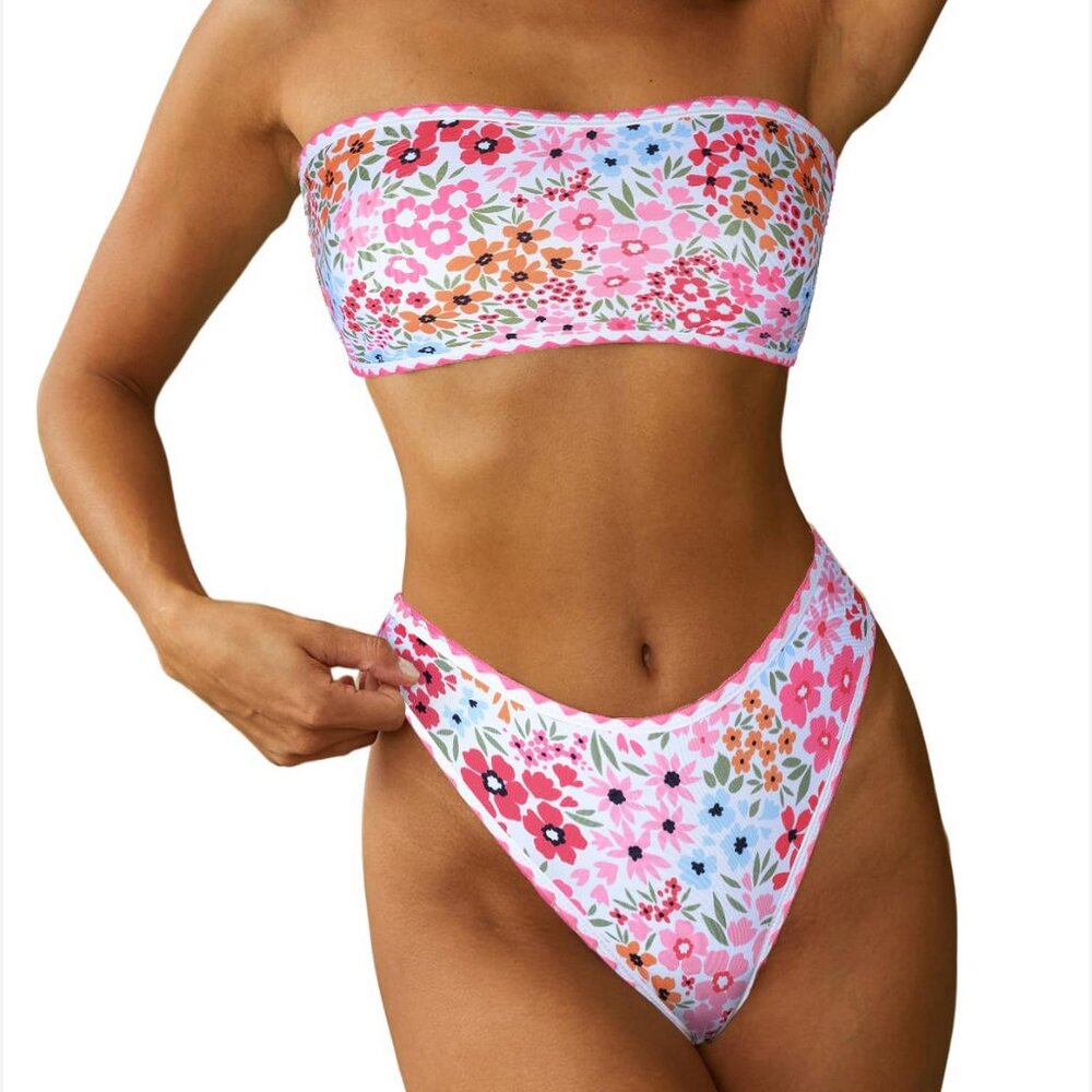 ZAFUL Women Strapless Wave Bandeau Bikini 2 Piece Swimwear